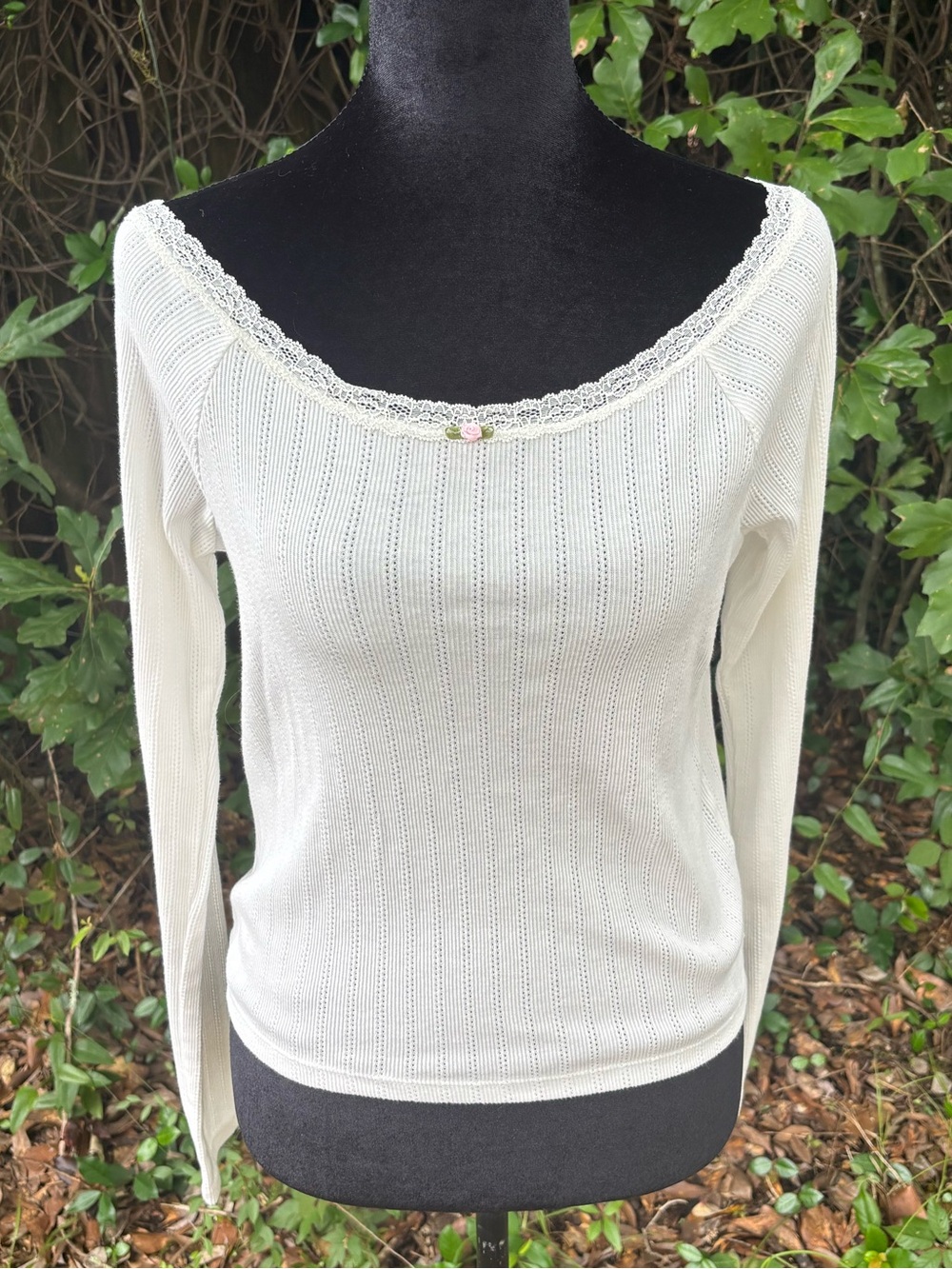White Lace-Trim Off the Shoulder Long Sleeve Top
